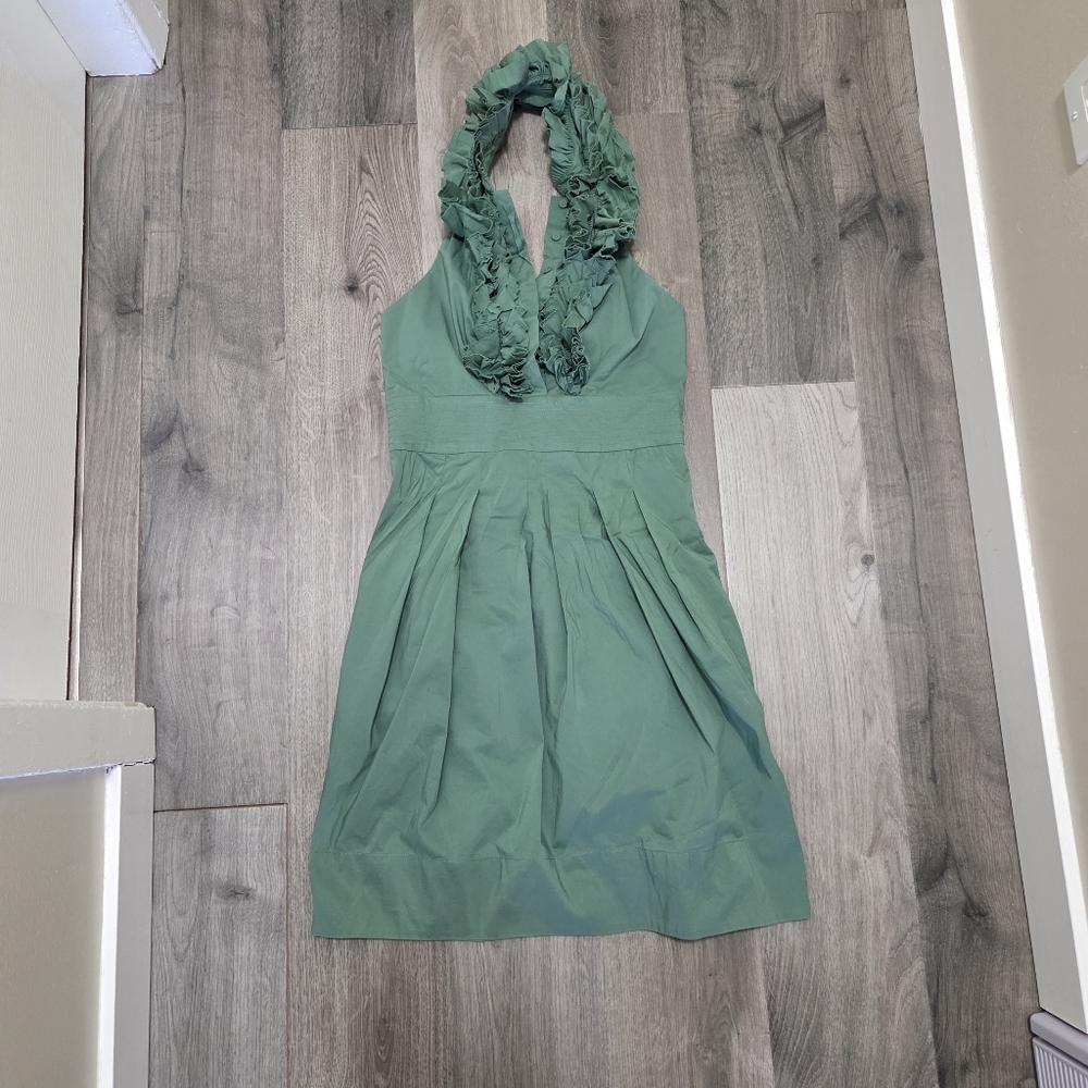 Y2K BCBGMaxAzria Halter Dress Ruffle Neck Cotton Blend Fit & Flare Mini Boho - Picture 2 of 9